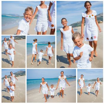 Collage of adorable happy boy and girls running on beach vacation