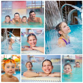 Collage of activities on the pool. Portrait of happy family of four relaxing in termal swimming pool