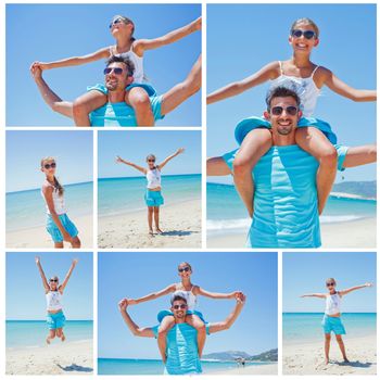 Collage of portrait of father and daughter having fun on tropical beach