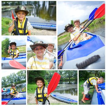 Collage of happy little boy with mother paddling kayak on the river in lovely summer day