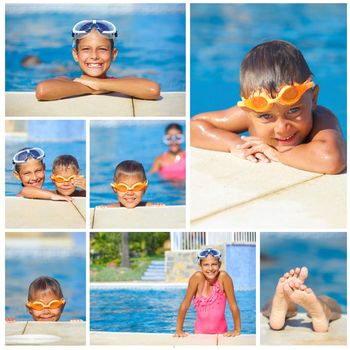 Collage of activities on the pool. Cute kids in swimming pool