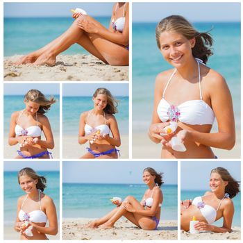 Collage of beautiful young girl applying sunblock on a beach in summer.