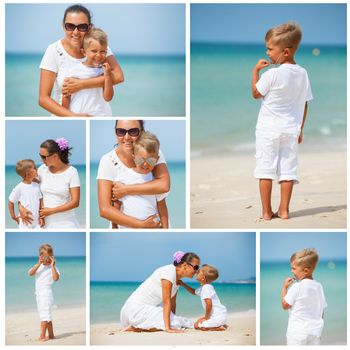 Collage of mother and son having fun on tropical beach