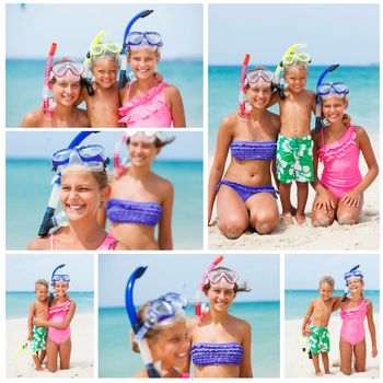 Collage of three happy children on beach with colorful face masks and snorkels, sea in background.