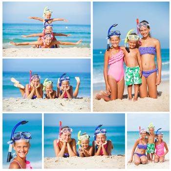 Collage of three happy children on beach with colorful face masks and snorkels, sea in background.