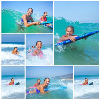 Summer vacation - Collage of two cute girls having fun with surfboard in the ocean