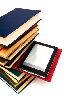 reader and old books on a white background