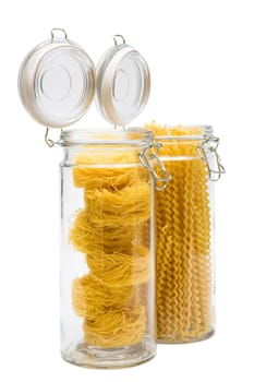 pasta in glass jar on a white background