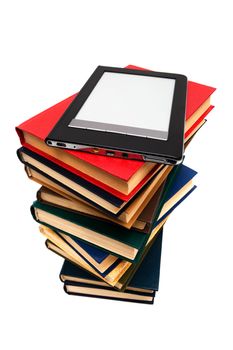 reader and old books on a white background