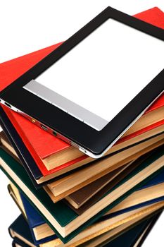 reader and old books on a white background