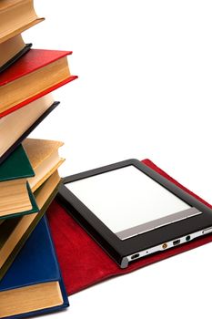 reader and old books on a white background