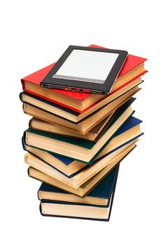 reader and old books on a white background