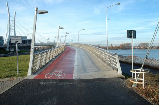 Pedestrian and cyclist bridge nearby malta lake in Poznan Poland