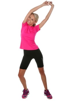 Healthy young blond lady stretching her arms and back isolated on white