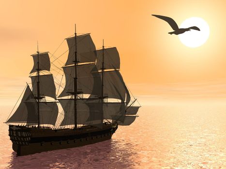 Close up of a beautiful detailed old merchant ship next to seagull by sunset