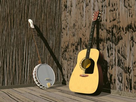 One banjo and guitar in a room of brown wood