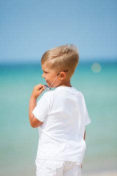 Back view of adorable cute boy on beach vacation