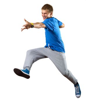 Young man dancer jumping isolated on white
