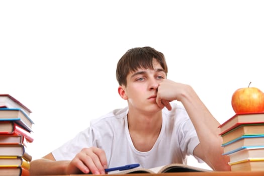 Sad Student at the School Desk Isolated on the White Background