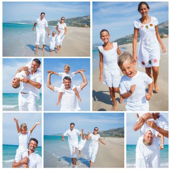 Collage of happy family running on the beach