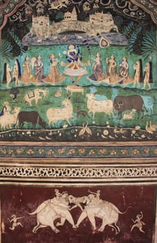 Colorful wall paintings in Chitrashala, Bundi Palace, Rajasthan, India