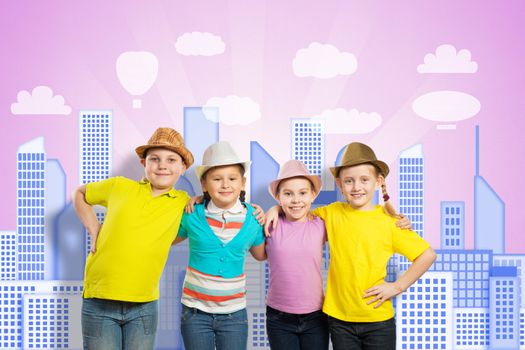 children in a row, wearing a hat. behind painted city