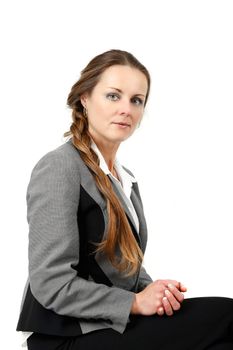 sitting middle age business woman isolated background