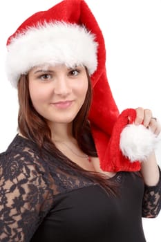 beautiful smiling pregnant santa woman isolated on white background