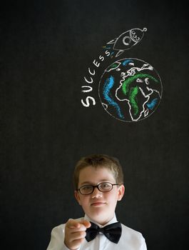 Education needs you thinking boy dressed up as business man with chalk globe and jet world travel on blackboard background