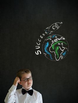 Scratching head thinking boy dressed up as business man with chalk globe and jet world travel on blackboard background