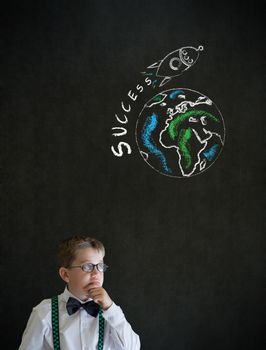 Thinking boy dressed up as business man with chalk globe and jet world travel on blackboard background