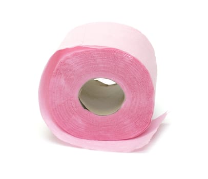 Pink toilet paper on white background