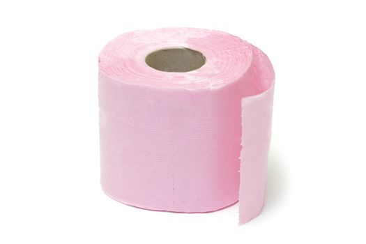 Pink toilet paper on white background