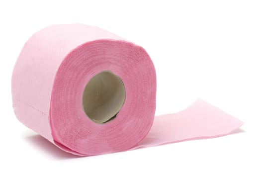 Pink toilet paper on white background