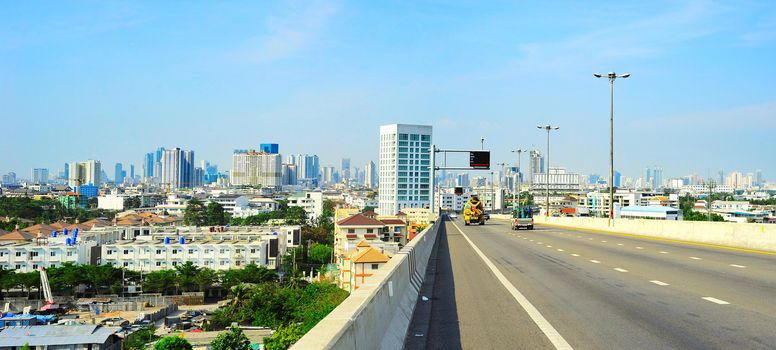 Panoramic view of Bangkok with highway. Thailand