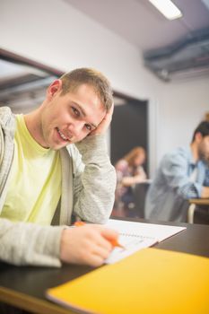 Portrait of a smiling male student with others writing notes in the classroom