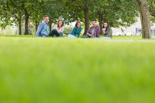 Group portrait of young college students sitting on grass in the park