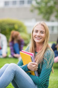 Portrait of a smiling young college student with blurred friends sitting in the park