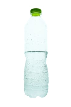 half water in small plastic bottle on white background