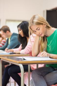 Side view of a group of young students writing notes in the classroom