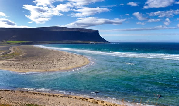 Iceland summer landscape. Fjord and mountains. Panorama.