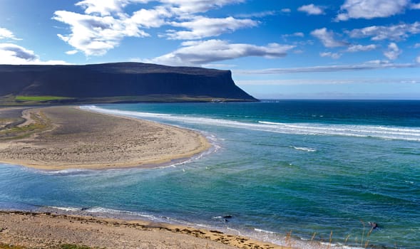 Iceland summer landscape. Fjord and mountains. Panorama.