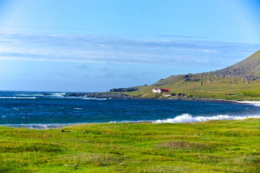 Iceland summer landscape. Ocean, house, mountains, meadow. Panorama