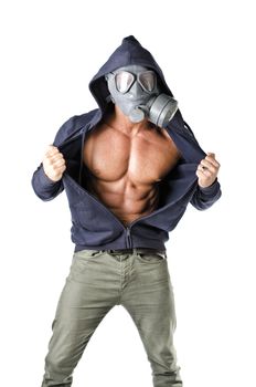 Muscular man wearing antigas mask, opening sweatshirt on ripped torso, isolated on white