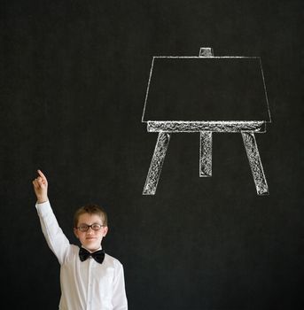 Hand up answer boy dressed up as business man with learn art chalk easel on blackboard background