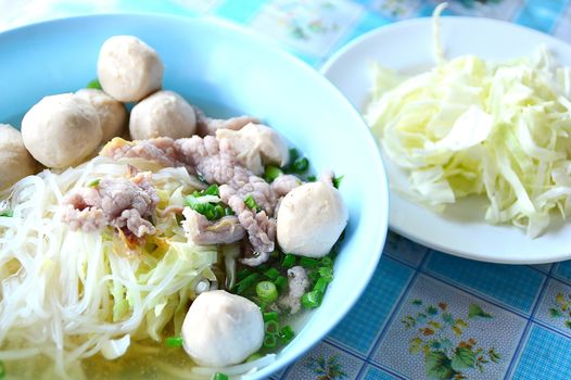 noodle soup with meat ball and fresh vegetable on colorful table