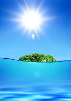 deserted green tropical island under shiny sun in ocean