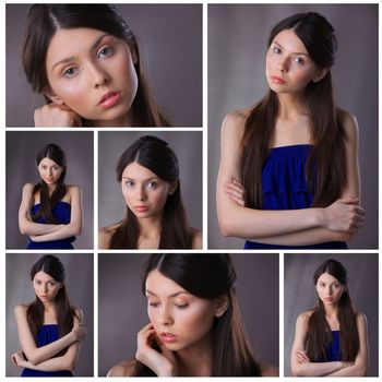 Collage of glamour portrait of beautiful woman model with fresh daily makeup and romantic hairstyle.