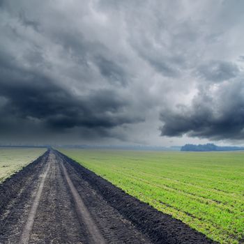 road in green fields to low rainy clouds