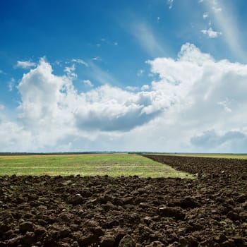 green and plowed fields under cloudy sky